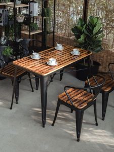 Modern Simple Outdoor Iron Art Coffee Table And Chairs Set Natural Weatherproof Wood Rectangular Garden Patio Leisure Furniture