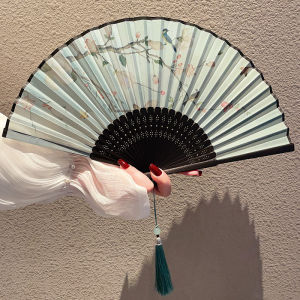 New Chinese Style Portable Folding Fan with Tassel Bamboo Silk Fan Flower Bird Design Mini Electric Fans And Accessories