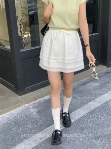 White Drawstring Lace Mini Skirt Half-length Slimming Fashionable Versatile Draped Lengthening Legs Trendy High Waist A-Line Skirt