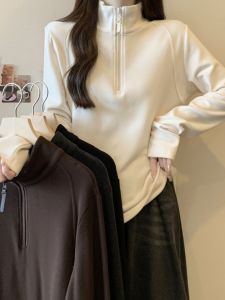 Loose-Fit Zipped Stand Collar Soft Double-Sided Dralon Sweatshirt Womens Fall and Winter Plus Size Ladies Slimming Youthful-Looking Thickened Bottoming Shirt Tops