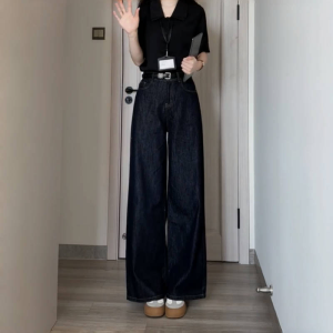 Quần Jeans Ống Rộng Denim Xanh Cạp Cao Cho Nữ Quần Dài Đến Sàn Cao Cấp Thường Ngày Mùa Xuân Thu Đông