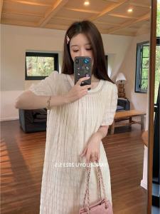 French Textured Bubble Sleeve Slimming Dress Summer Lazy Style Versatile Loose Long Pure Color Dress Korean Style round Neck Short Sleeve A-Line Skirt