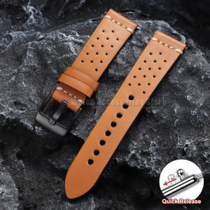 20mm 22mm for Seiko Stitching Sports Leather Strap Mens Breathable Porous Genuine Leather Watch Band Black Buckle Bracelet Belt