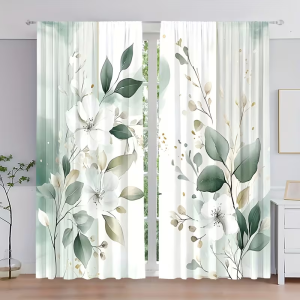 2PC Green White Floral Curtains Watercolor Botanical Print Light Filtering Sheer Drapes Elegant Minimalist Home Decor for Bedroo