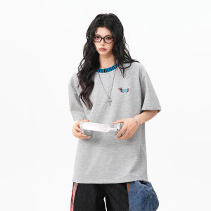 BWKA | American Dog Embroidery Casual Summer Contrast Stripe Collar T-shirt Loose Campus Style
