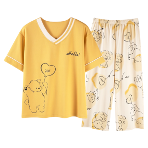 Bộ đồ ngủ MiiOW cho nữ làm  vải cotton thoáng khí thoải mái tay ngắn cổ chữ V có đệm ngực