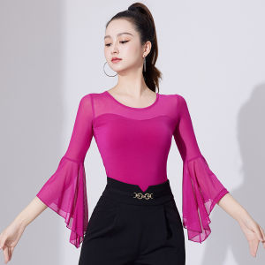 Áo Tập Khiêu Vũ Latin Mùa Hè Mới Cho Nữ Tay Giữa Khiêu Vũ Hiện Đại Trang Phục Khiêu Vũ Liền Thân Viền Xếp Nếp Nối Dài