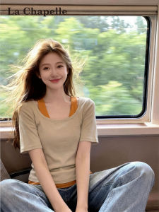La Chapelle | Color Block Two-layer Look Short Sleeve T-Shirt Summer Lightweight Loose and Slimming