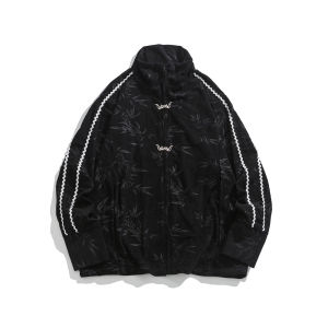 New Chinese Style Mens Jacket Bamboo Leaf Print Stand Collar Spring Autumn Fashion Retro Design Couple Outfit Polyester Fiber