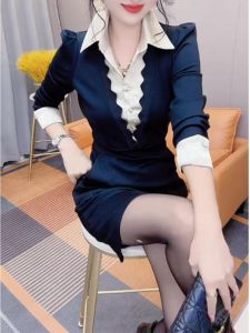 ชุดเดรสคอโปโลแขนยาวทรงเอผ้าโพลีเอสเตอร์สำหรับผู้หญิง ฤดูใบไม้ร่วง 2023 แฟชั่นฤดูหนาว เอวสูง กระโปรงทรงเอ