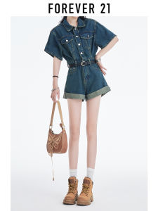 Forever 21 Retro Denim Overalls Womens Spring Summer Loose Fit High Waist Short Sleeve Workwear Shorts Cotton Blend Jeans