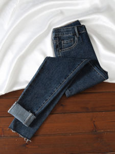 Blue Grey Slim Fit Denim Jeans Womens High Waist Stretchy Tight Small Size Nine Points Frayed Ankle Pants Casual Cotton Elastic