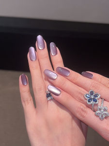 Elegant Purple Flash Cat Eye Nail Wear Simple Gentle New Year Style Autumn Winter 2024 Advanced Feelings Purple Nail Tips