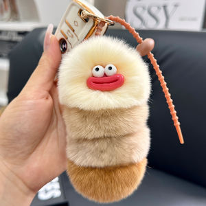 Cute Real Otter Rabbit Fur Caterpillar Keychain Doll Car Decoration Womens Style Funny Looking Bag Pendant Accessories