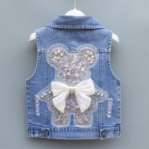 Cute Cartoon Denim Vest for Girls Spring Autumn New Style Bear Big Medium Childrens Shoulder Pad Jacket Cotton Blend Casual