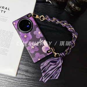 Purple Flower Design Phone Case for Vivoxfold3 pro Foldable Screen Crossbody Silk Scarf Handchain Protection Cover Vintage Chain