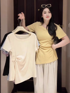 plus Size Asymmetrical Slit T-Shirt Womens Summer Slimming Meat Concealing Design Korean Style Commute Pure Color Short Sleeve round Neck Top