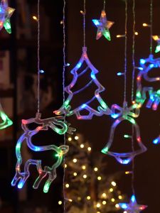 [Solar/Plug] Christmas Curtain Lights Solar Christmas Lights Outdoor LED Strip Lights Christams Tree Decorations For Home 3.5 Meters 8 Modes Solar Christmas Deer Light Waterproof  String Lights Fairy Lights For Bedroom Window Star Wedding Home