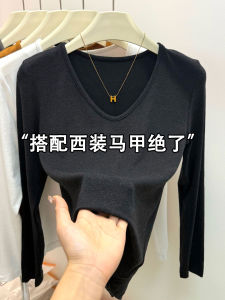 Elegant V-neck Long Sleeve Womens Base Shirt Fashionable Pure Color Elastic Inner Wear Top Design Sensation Autumn New Style