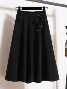 กระโปรงทรงเอสีดำสไตล์ฝรั่งเศส กระโปรงยาวปานกลาง กระโปรงทรงเอ สำหรับผู้หญิงไซส์ใหญ่ กระโปรงทรงเอเอวสูง ฤดูร้อน 2024