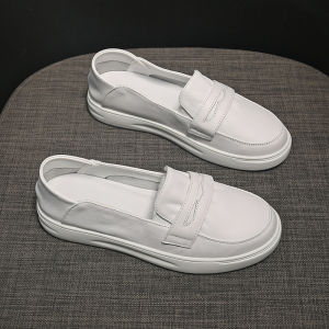 Soft Bottom Casual Shoes Womens Slip-On Loafers Flats Bean White Shoes Layered Cowhide Lightweight Comfortable Fashionable