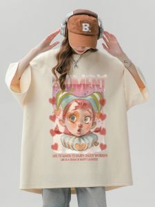 เสื้อยืดผ้าฝ้ายขนาดใหญ่สําหรับผู้หญิงหลวมพอดีแขนยาวกลางพิมพ์เสื้อผ้าทํางานการออกแบบสร้างสรรค์คู่สวมใส่