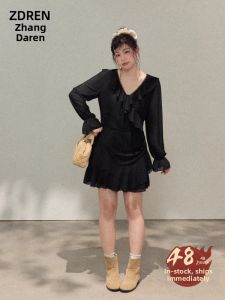 ZHANGDAREN | Đầm Ngắn Đen Phong Cách Chín Hút Mỡ Chị Em Cổ Sen