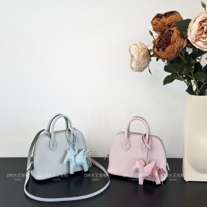 Handmade Shell Bag Mini 18cm Top Layer Cowhide Leather Hardware Silver Buckle Bowling Shell Handbag Modern Neutral Style Womens Bag