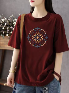Artistic Vintage Pure Cotton round Neck Short Sleeve Womens T-shirt Inner Wear Casual Commute Loose Fit Summer Top