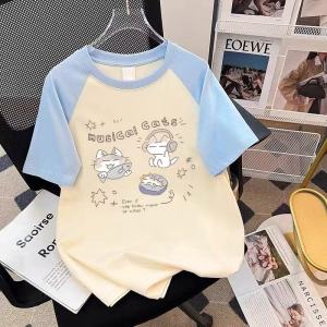 Girls Sweet Color Block Shoulder T-Shirt Short Sleeve Base Shirt Summer Childrens Fashionable Top Cotton Casual Loose Fit