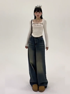 S-5XL~Long jeans Wide-leg pants blue denim baggy straight loose Korean highwaist casual bigsize HOT