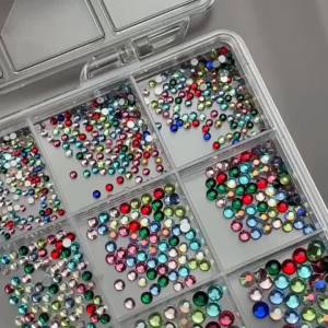 12Grids 3D Coloiful Round Nail Art Rhinestones Flat Bottom Glass Diamond Nail Charms Mixed Sizes Gemstones Manicure Accessories