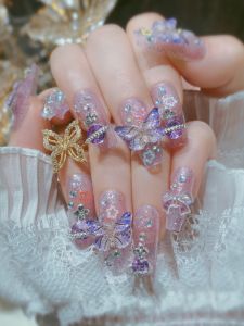 Handmade Crystal Nail Art Stickers Purple Ice Transparent Aurora Butterfly Design Wearable Nails Popular Style Beauty Tools