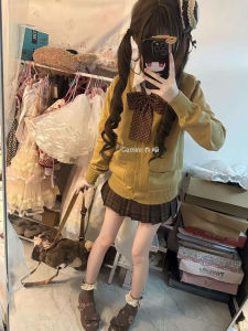 เสื้อสเวตเตอร์ถักสีน้ำตาลสีพื้น ชุดนักเรียนฤดูใบไม้ร่วง/ฤดูหนาว กระโปรงสีสันสดใส ชุดสเวตเตอร์ถักสีน้ำตาล ชุดสเวตเตอร์ถักสีพื้น