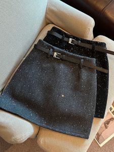 GUZILIAN | Elegant Grey Shiny Mini Skirt Womens Fashion Autumn Winter High Waist A-Line Short Skirt With Belt Korean Style Commute