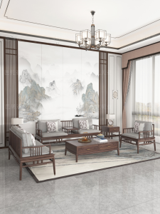 New Chinese Style Solid Wood Sofa Combination Zen Song Aesthetics Living Room Black Walnut High End Large Furniture