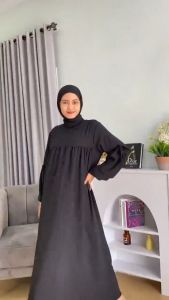 Gamis Wanita Remaja Crinkle Terbaru Lebaran Simple Susun Elegan Dress Pesta Kondangan Modern Korean Style Bahan Jatuh Katun Lembut Adem Busui Polos Warna Denim Hitam Putih Syari I Lengan Balon Kekinian Santai Premium