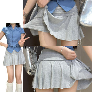 กระโปรงเทนนิสลายข้อเท้าสีเทาแฟชั่นสำหรับผู้หญิง กระโปรงสั้นทรงเอเอวสูงเอวยางยืดผ้าโพลีเอสเตอร์ฤดูร้อน 2025 กระโปรงสั้นทรงเอเอวยางยืม