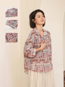 WUSEWUWEI | Colorless Odorless Cotton Linen Printed Shirt Loose Fit Womens Turn-down Collar Three-quarter Sleeve Casual Style Top