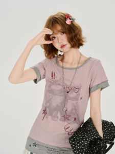 Colorblock Fake Two-Piece Waist-Cinching T-Shirt Round Neck Print Women Summer