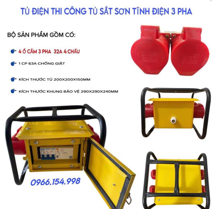 Hộp Nguồn Tủ Điện Thi Công tủ 3Pha  át 63A chống giật 4 ổ 32A 4 chân 4 ổ 32A 5 Chân