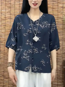 QINGNAER | Stylish Vintage Blue Embroidered Button-down Plus Size Womens Shirt