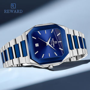 REWARD Mens Square Stainless Steel Quartz Business Watch Royal Blue Dial with Date Calendar 30m Waterproof Dress Wristwatch