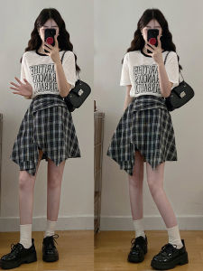 Shalldoer | Academy Style Womens Summer Thin Knit Short Sleeve Midi Skirt Two-Piece Set Casual Breathable Round Neck Design For Younger Women