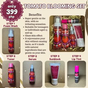 TOMATO BLOOMING SET (60ml Foam Wash 60ml Toner 15ml Serum 30ml Sunblock Tube and 10ml Liptint)