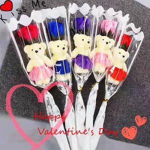 5Pcs Valentines Day Bear Simulated Rose Bouquet Creative Gift Valentines Day Wedding Birthday Room Artificial Red Flower Foam Decoration