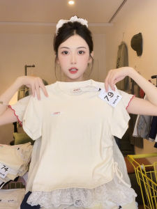 Short Sleeve T-Shirt Womens Ballet Style Lace Trim Bottom Sweet Girl Waist Cinch Tie Short Model Miu Series 3D Label Letter