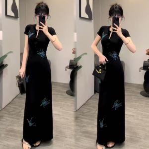 Váy Dài Chữ a Cổ Chữ V Đính Đá Kiểu Hepburn Phong Cách Pháp Mùa Hè Mới Thắt Eo Thon Gọn Họa Tiết Hoa