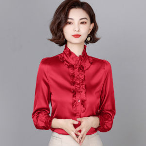 Silk Long Sleeve Shirt Spring Autumn Womens Design Sense Niche High Spring Inner Shirt Wooden Ear Look Stand Collar Top