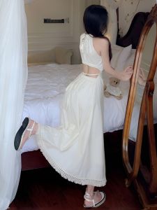 Váy Hở Lưng Hở Lưng Cổ Kiểu Pháp Cho Nữ Mùa Hè Mới Thắt Eo Gợi Cảm Váy Đi Biển Hẹn Hò Váy Midi Dài Tay Không Tay